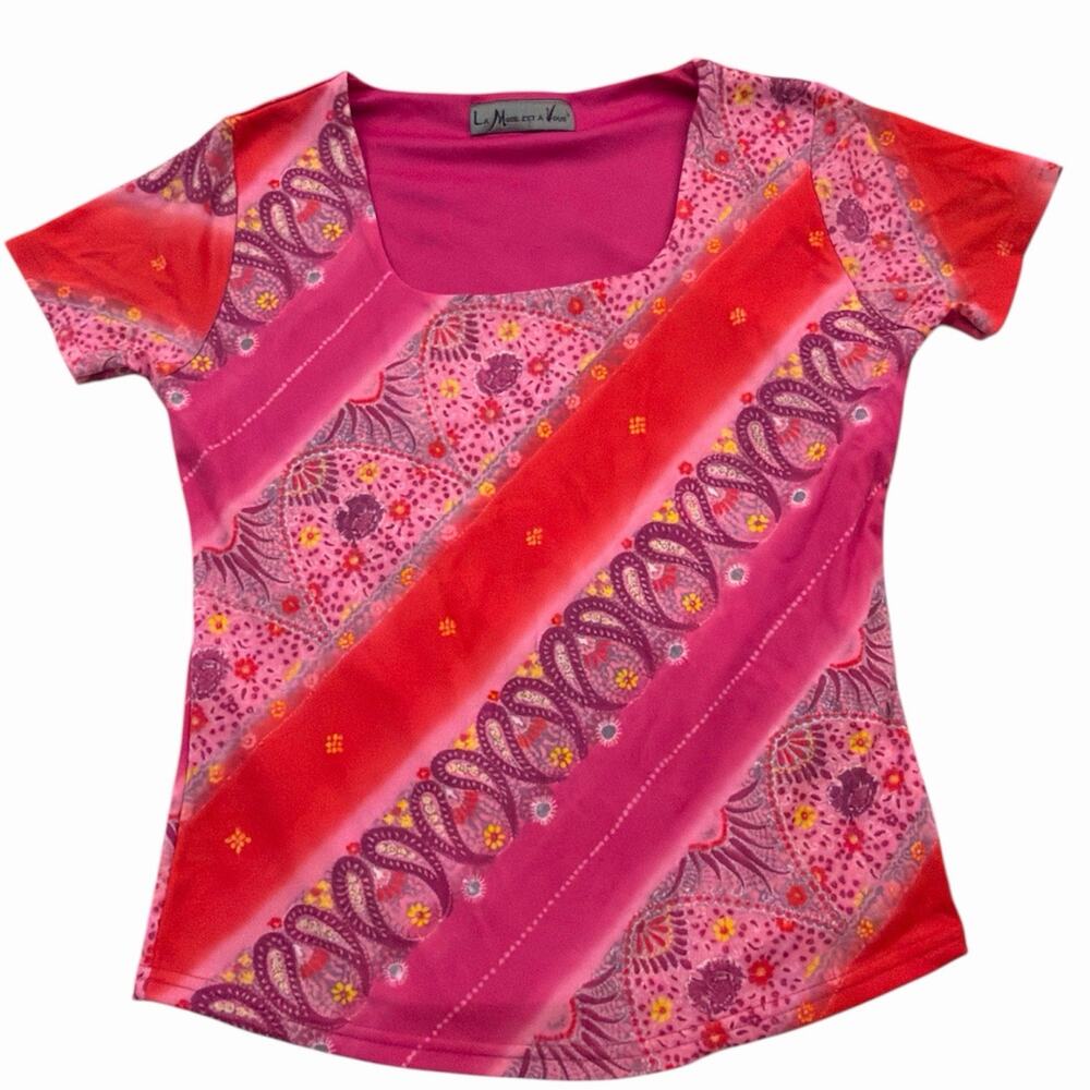 La Mode Eat A Vous Double Lined Micromesh Square Neck Short Sleeve Top Size M
